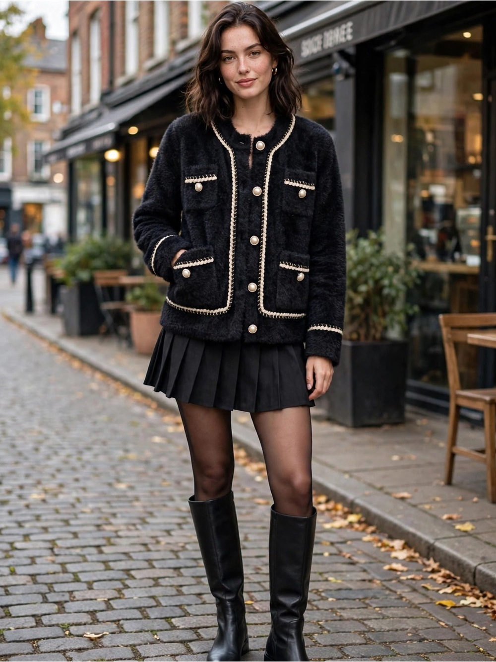 Black Faux-Fur Trimmed Cardigan Sweater